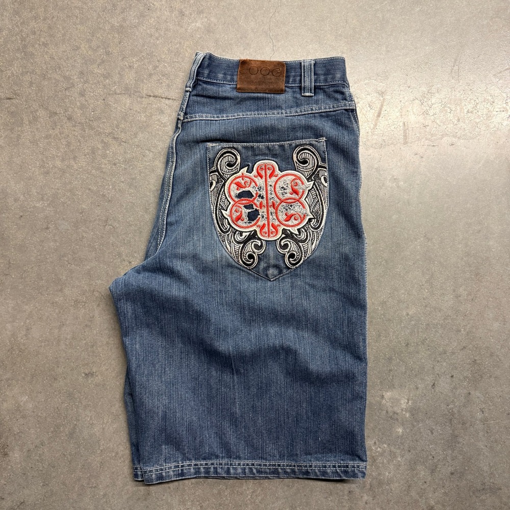 Coogi Mens Embroidered Denim Shorts Blue Size 40 Relaxed Fit Streetwear Hip Hop